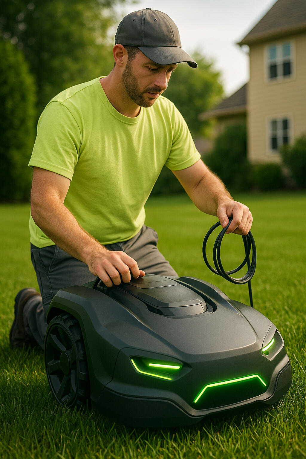 Romow technician guiding mower during setup in Hugo, MN