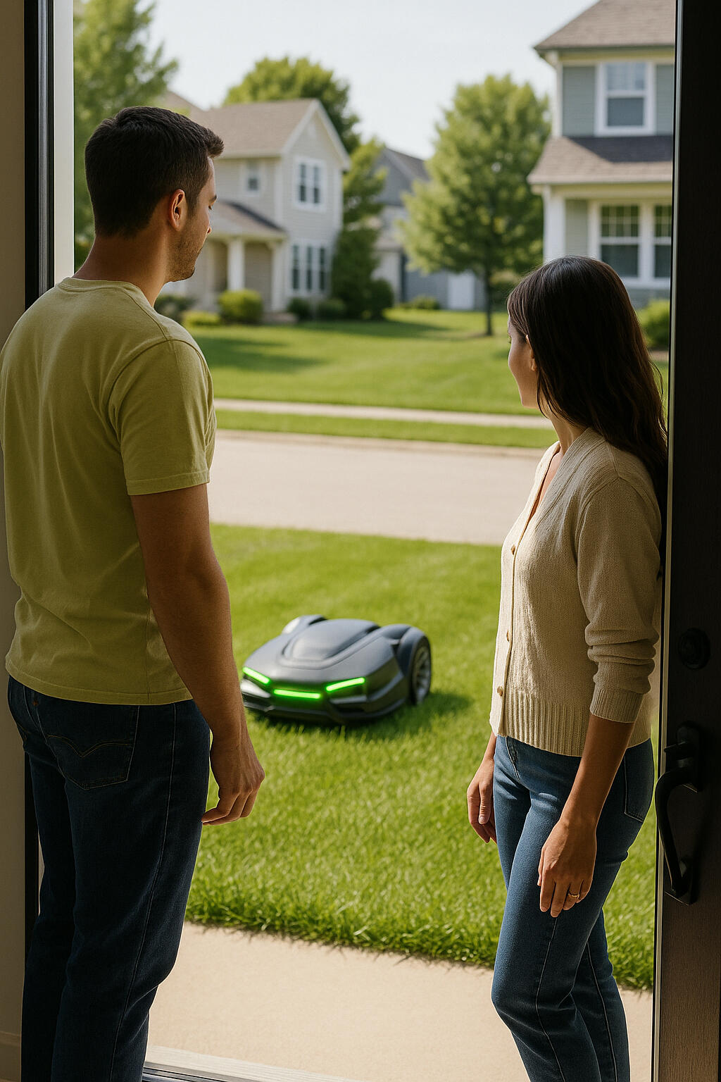 Hugo, MN, homeowners watching robot mower from front door